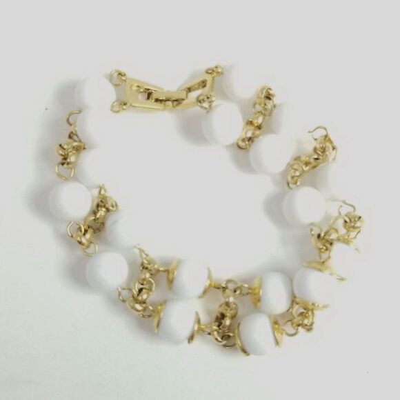 Vintage White and Gold Tone Beaded Bracelet, Two Strand with Clasp, Stacking - Picture 4 of 4